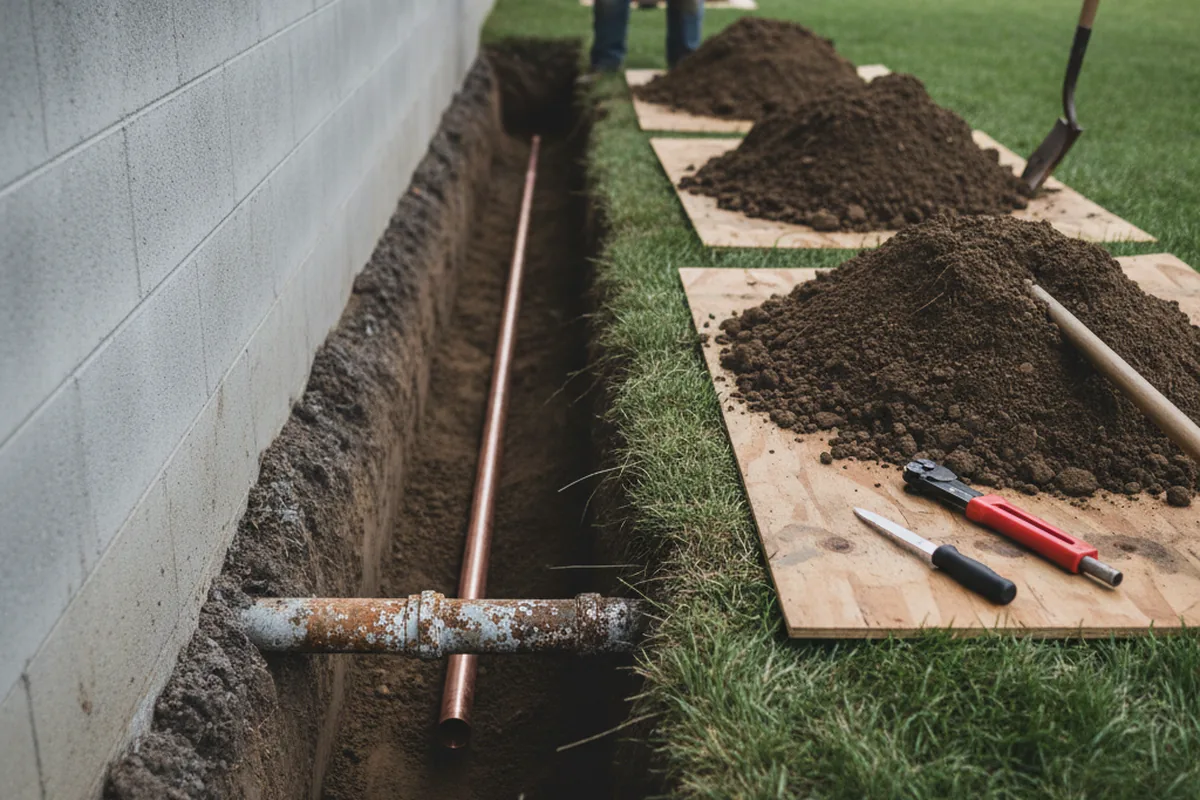 Excavated water line trench during Water Softener Installation in Marston